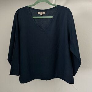 Y2K Flax Deep Blue 100% Linen Pullover V-Neck Top